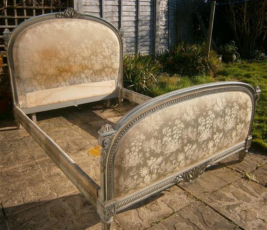 An early 20th century French painted upholstered double bed frame (King size) W.160cm